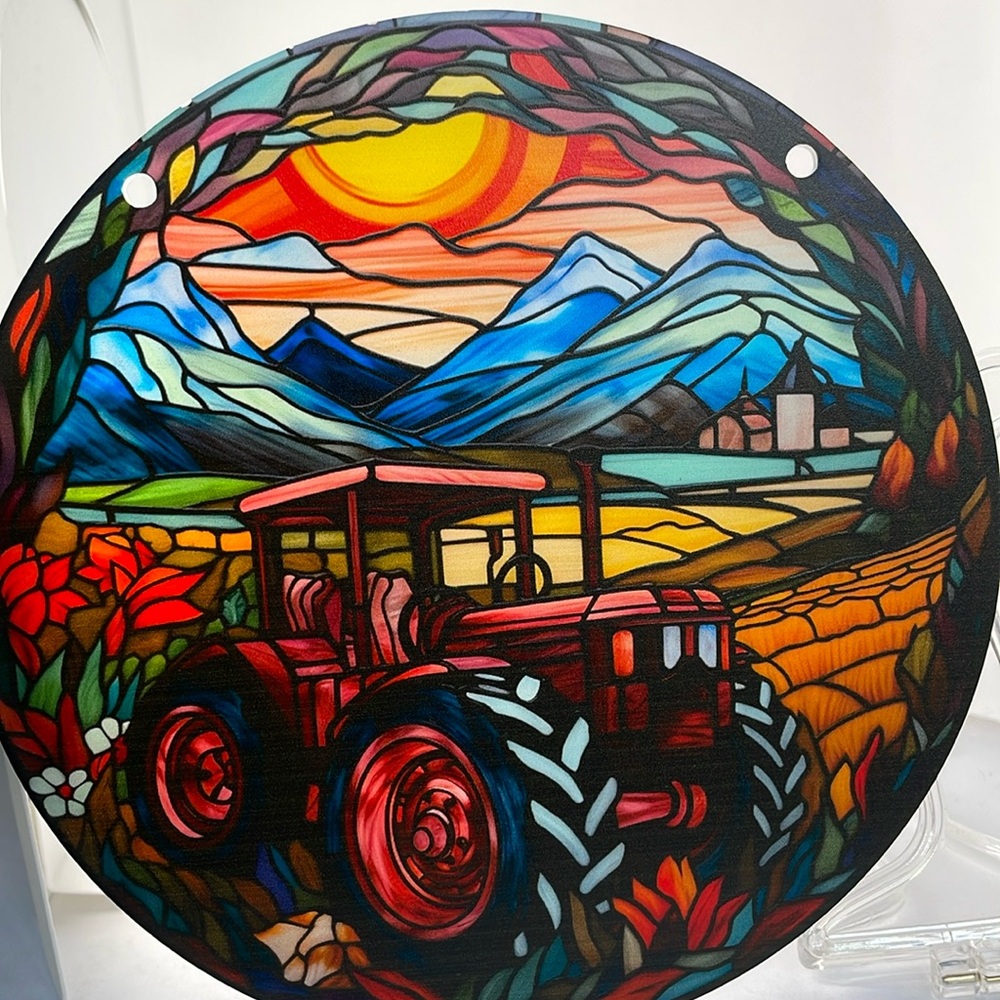 Suncatcher Acrylic Red Farm Tractor Machinery Farmer Hay Field Cottage Decor